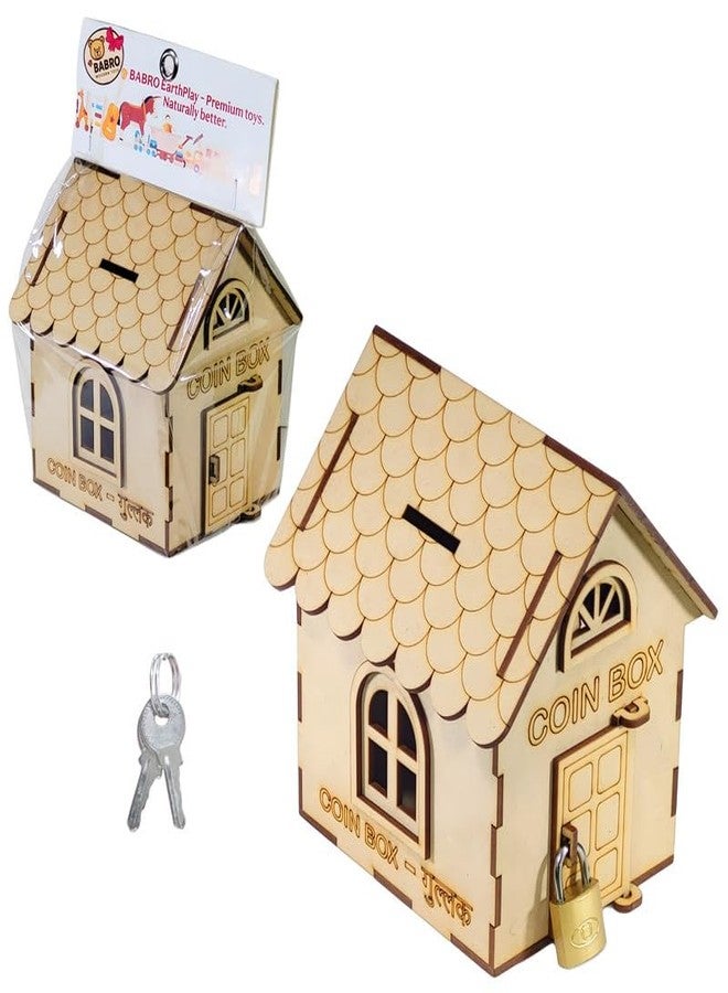 BABRO - Wooden Coin Box with Lock & Keys | Home Shape Money Saving Bank for Kids (12x14x13.5 cm) - Image 1